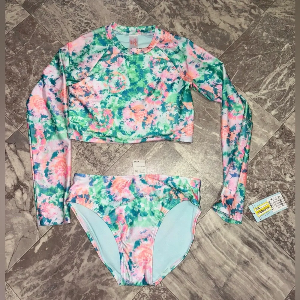 Cat & Jack Girls Floral Tie-Dye Rash Guard Swimsuit Set Size L 10/12 NWT